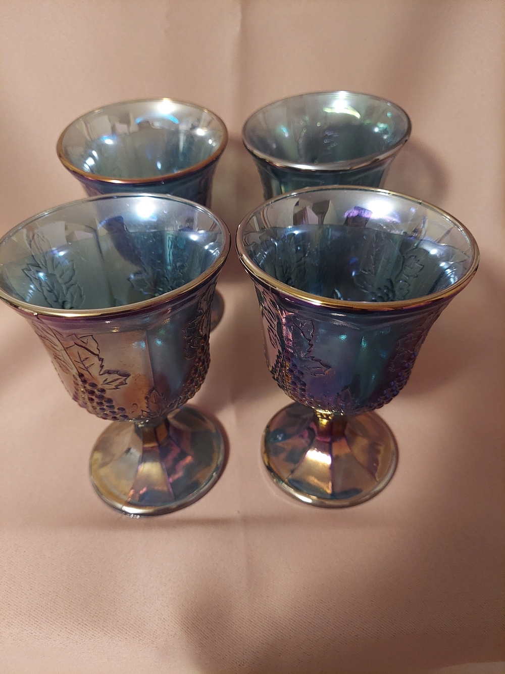 Set of 4 Iridescent Blue Carnival Glass Goblets with Grape Motif